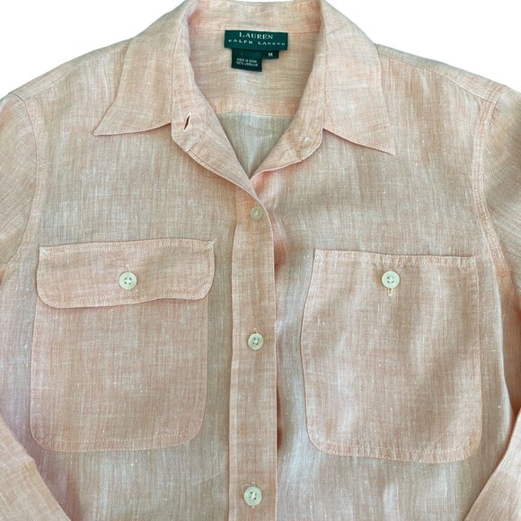 Lauren Ralph Lauren Women's Orange 100% Linen Roll Tab LS Button Up Top, Size M - Picture 2 of 6